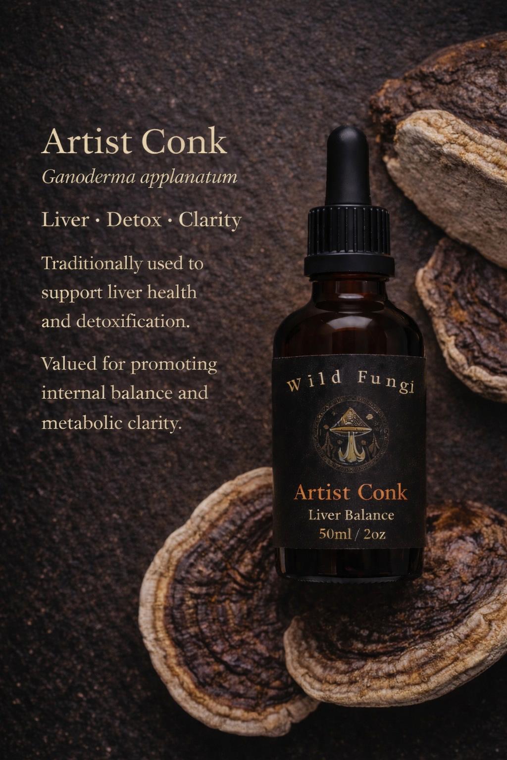 Bottle of 'Artist Conk' on a dark background with text about its uses.