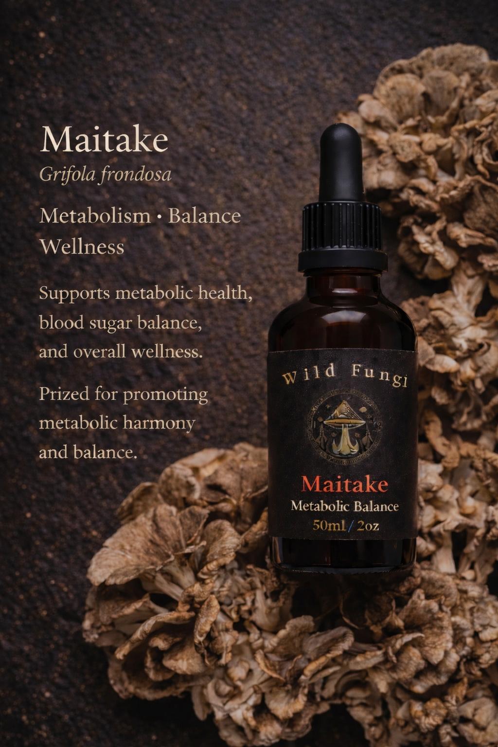 Maitake mushroom tincture bottle with dried maitake mushrooms on a dark background