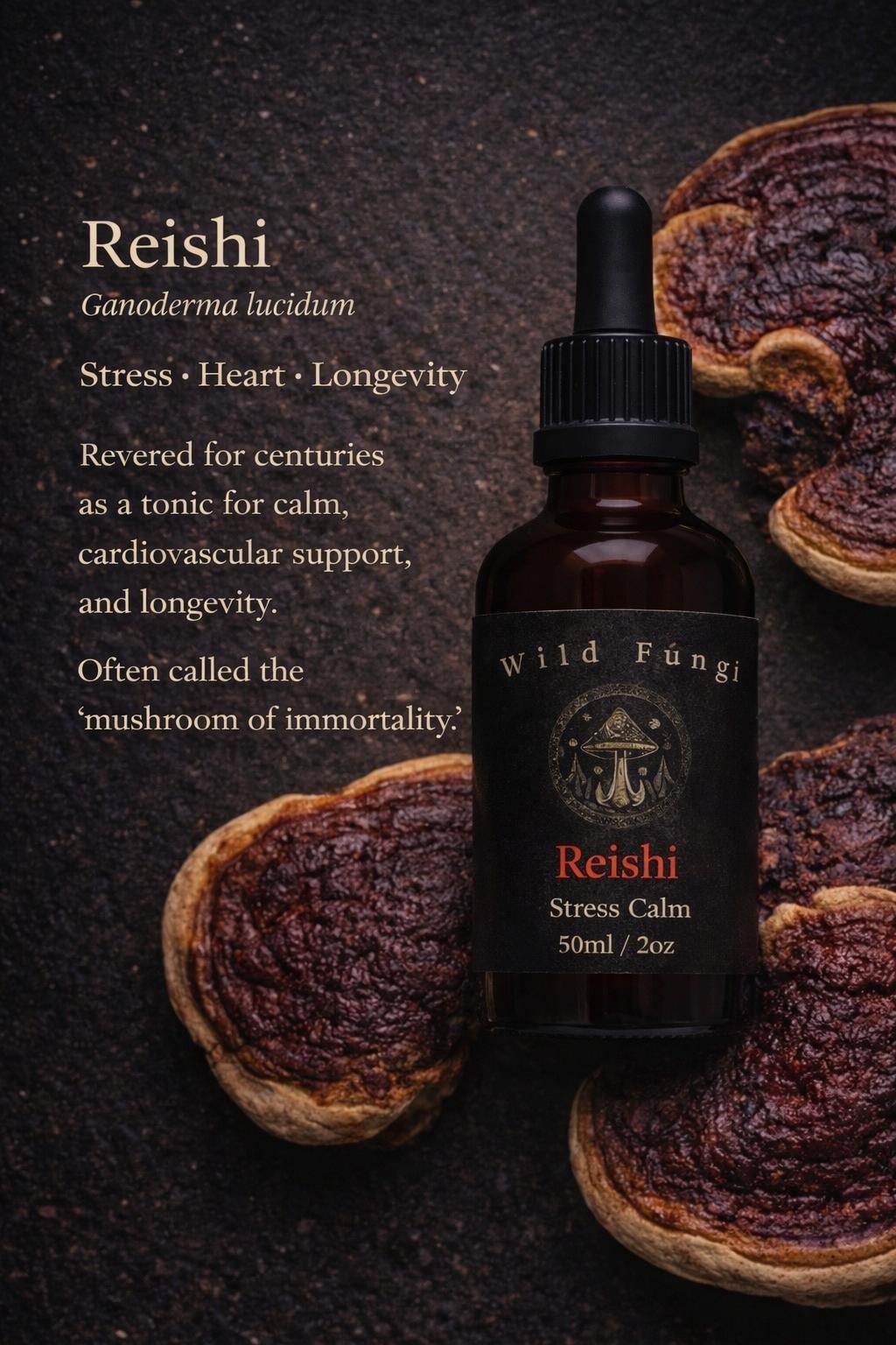 Reishi mushroom tincture bottle with text on a dark background