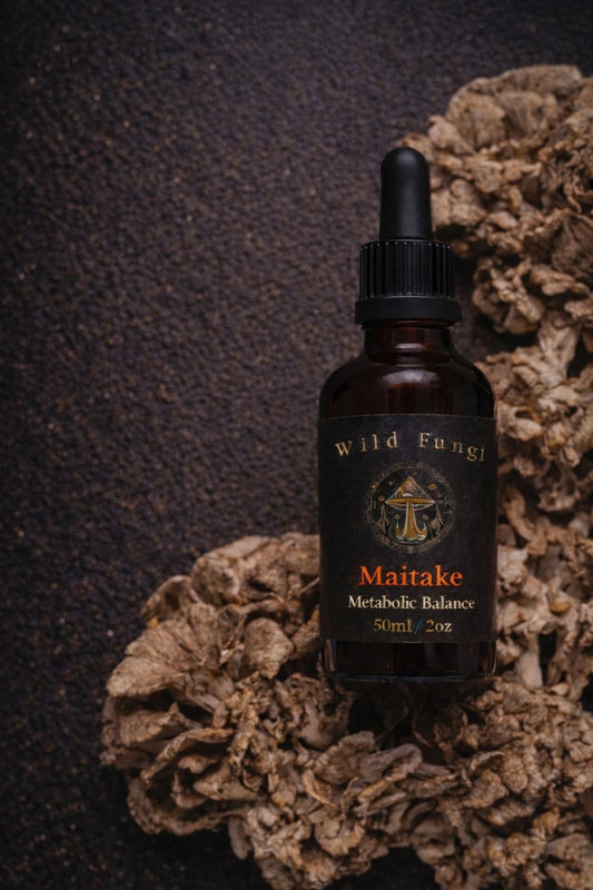 Bottle of Wild Fungi Maitake supplement on a textured surface