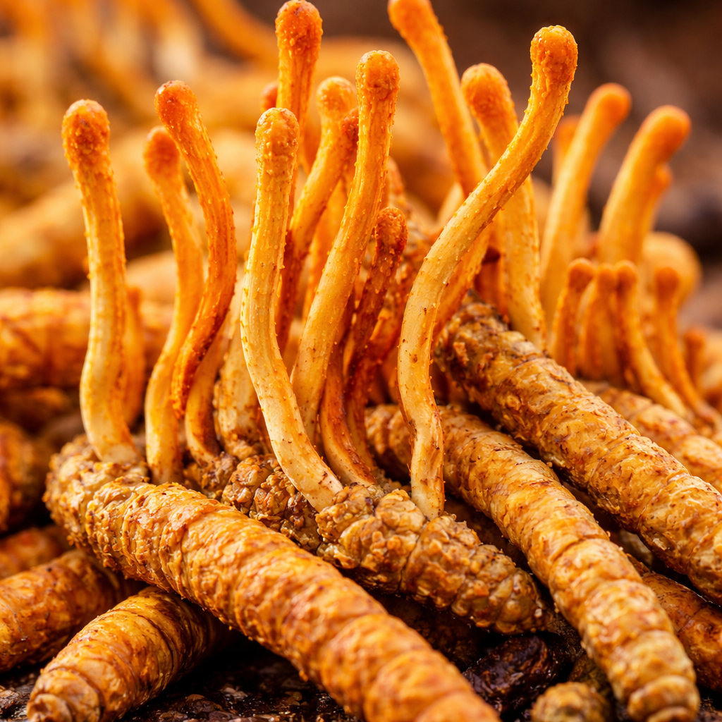 Close-up of cordycepswith a brown background