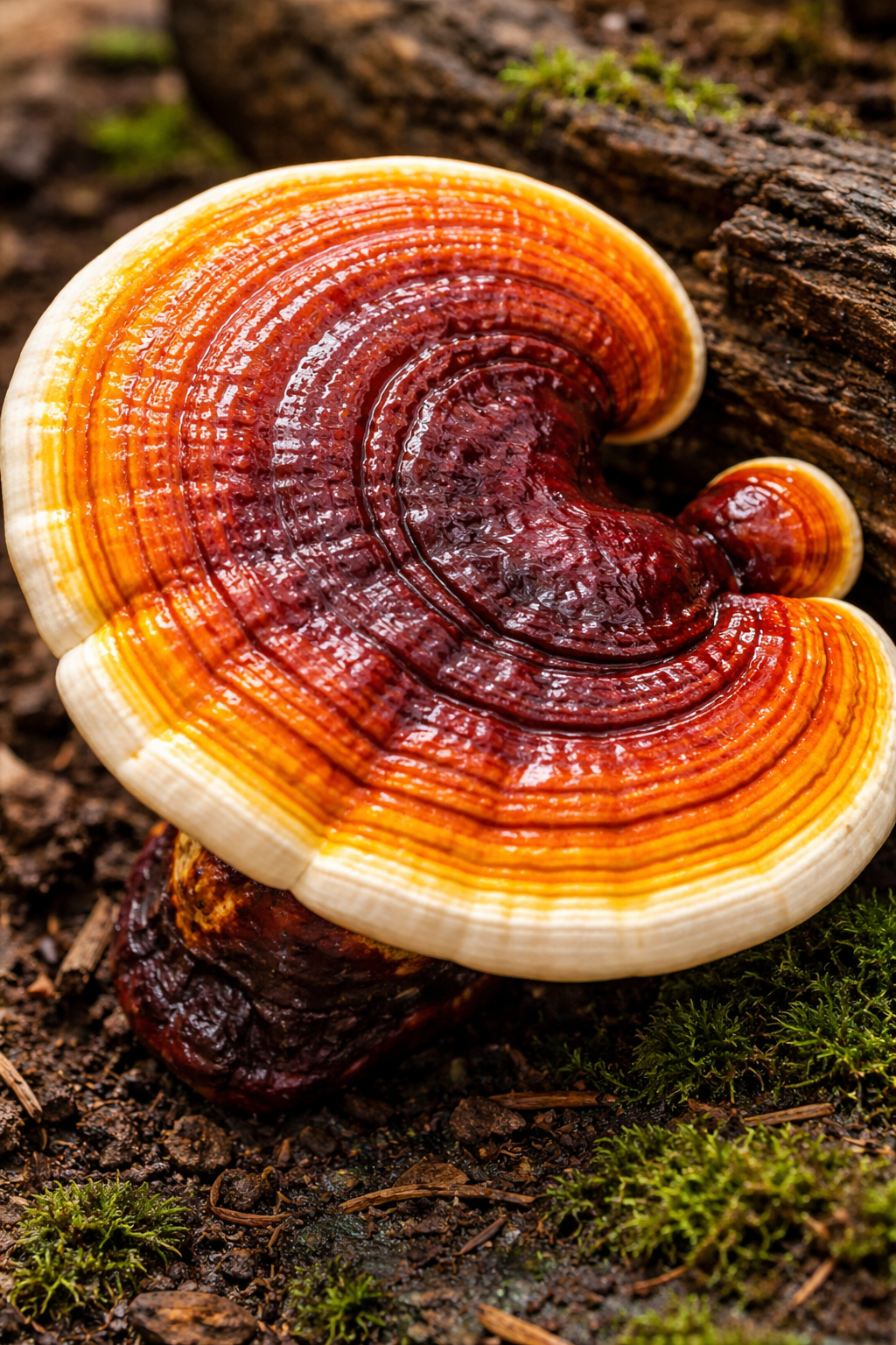 Fresh Reishi  mushroom with a red and orange cap on a wooden surface